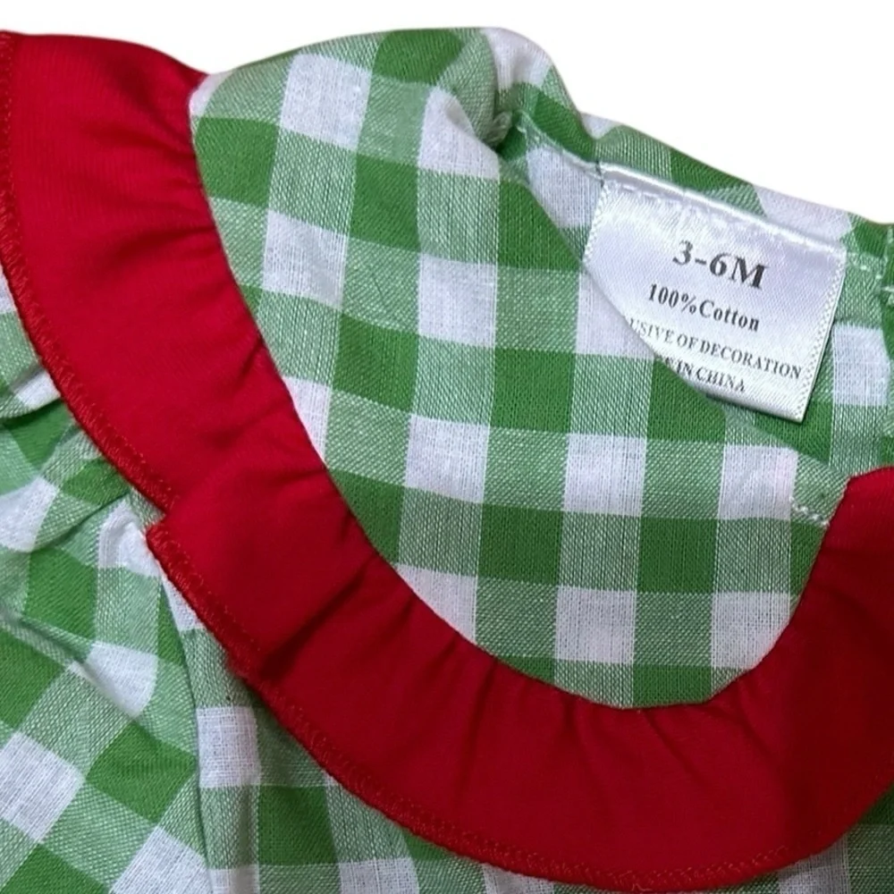 NWOT Adorable Green Checkered Boutique Baby Romper Red Bow Accents